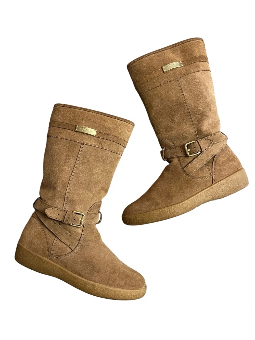 Coach Tallulah Boots Women’s 7 B Brown Suede Shearling Mid Calf Buckle Gold Logo